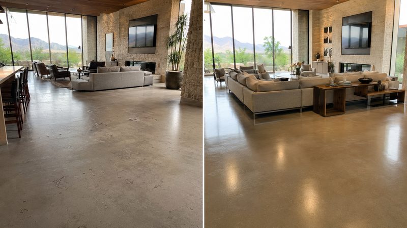 Polished concrete living room floor, dull before and light-reflective after