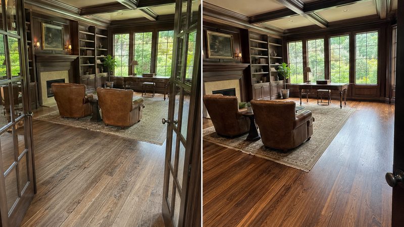 Dark hardwood study floor, scuffed before and refinished after