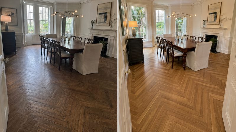 Herringbone hardwood floor in a formal dining hall, before and after refinishing