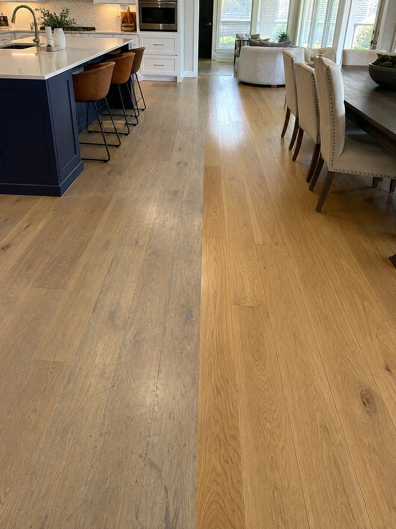 White oak kitchen floor, dulled finish on the left and recoated on the right