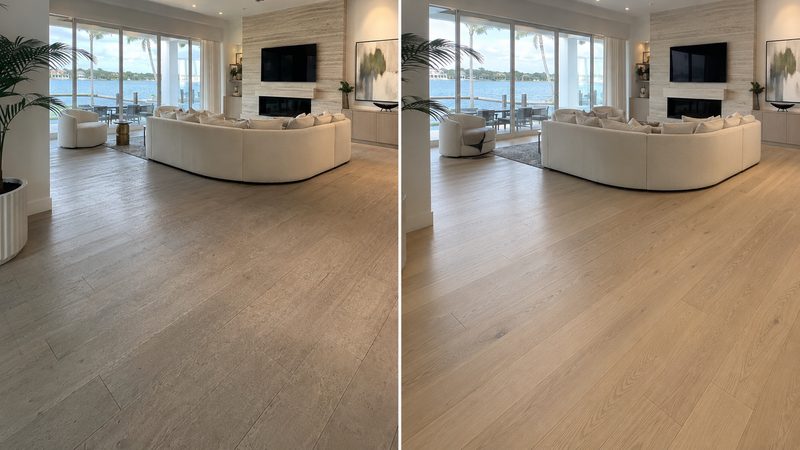 White oak floor in a waterfront living room, worn boards before and even finish after
