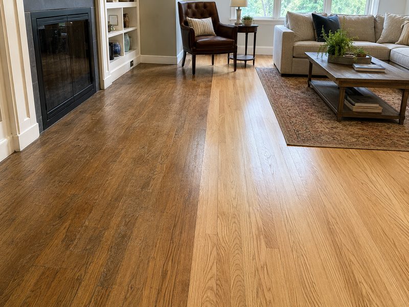 Hardwood plank living room floor, faded boards on the left and refinished on the right