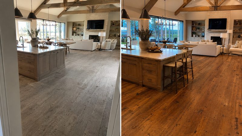 Wide-plank hardwood kitchen floor, greyed boards before and warm finish after