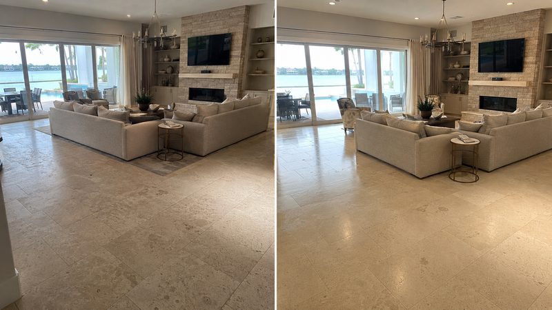 Limestone floor in a waterfront living room, before and after restoration