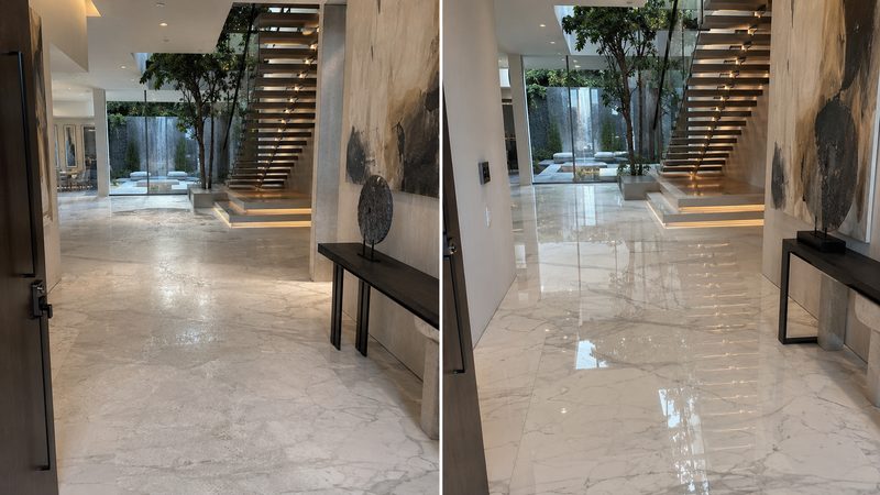 Marble entry floor beside a staircase, dull before and mirror-polished after