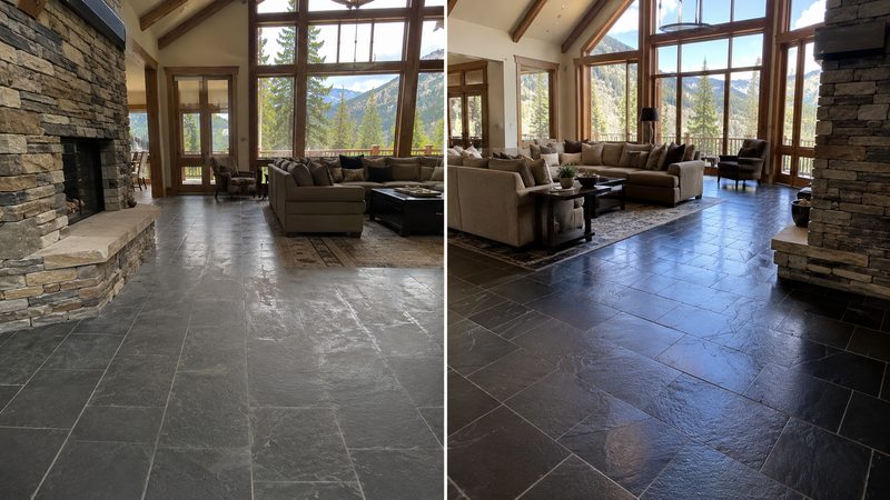 Slate great-room floor, faded before and restored after