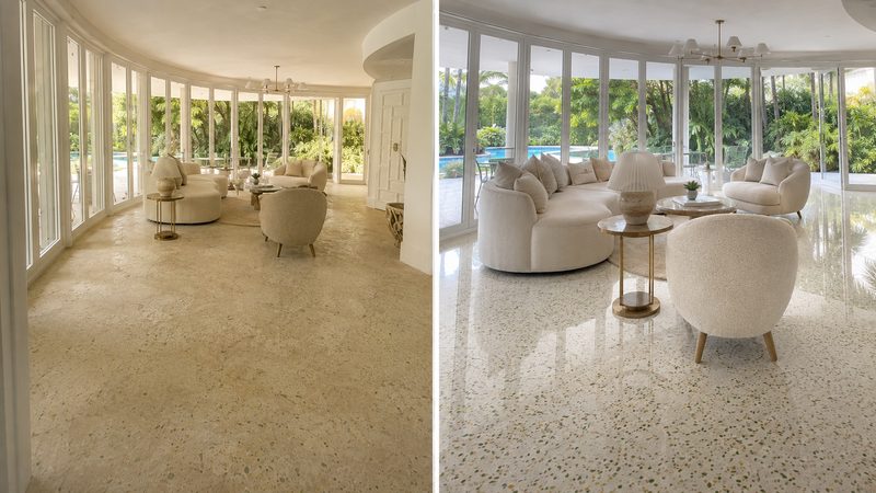 Terrazzo sunroom floor, clouded surface before and polished after