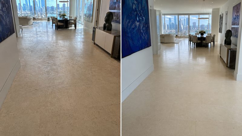 Travertine floor in a condominium interior, dull before and polished after